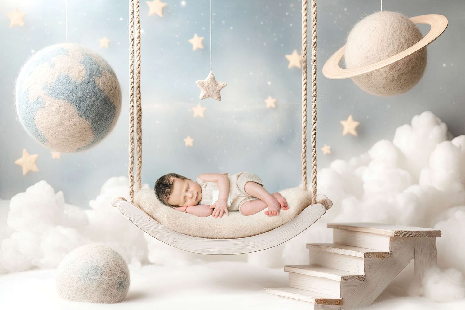 Newborn baby sleeping peacefully on a swing surrounded by planets, stars, and clouds in a dreamy celestial nursery setting.