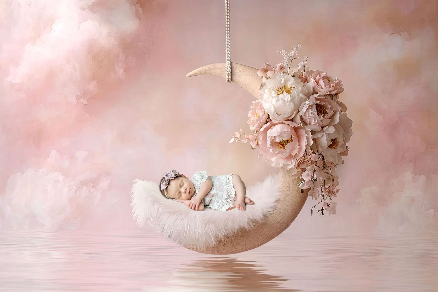 Newborn baby resting on a crescent moon swing decorated with pink peonies against a dreamy pink sky.