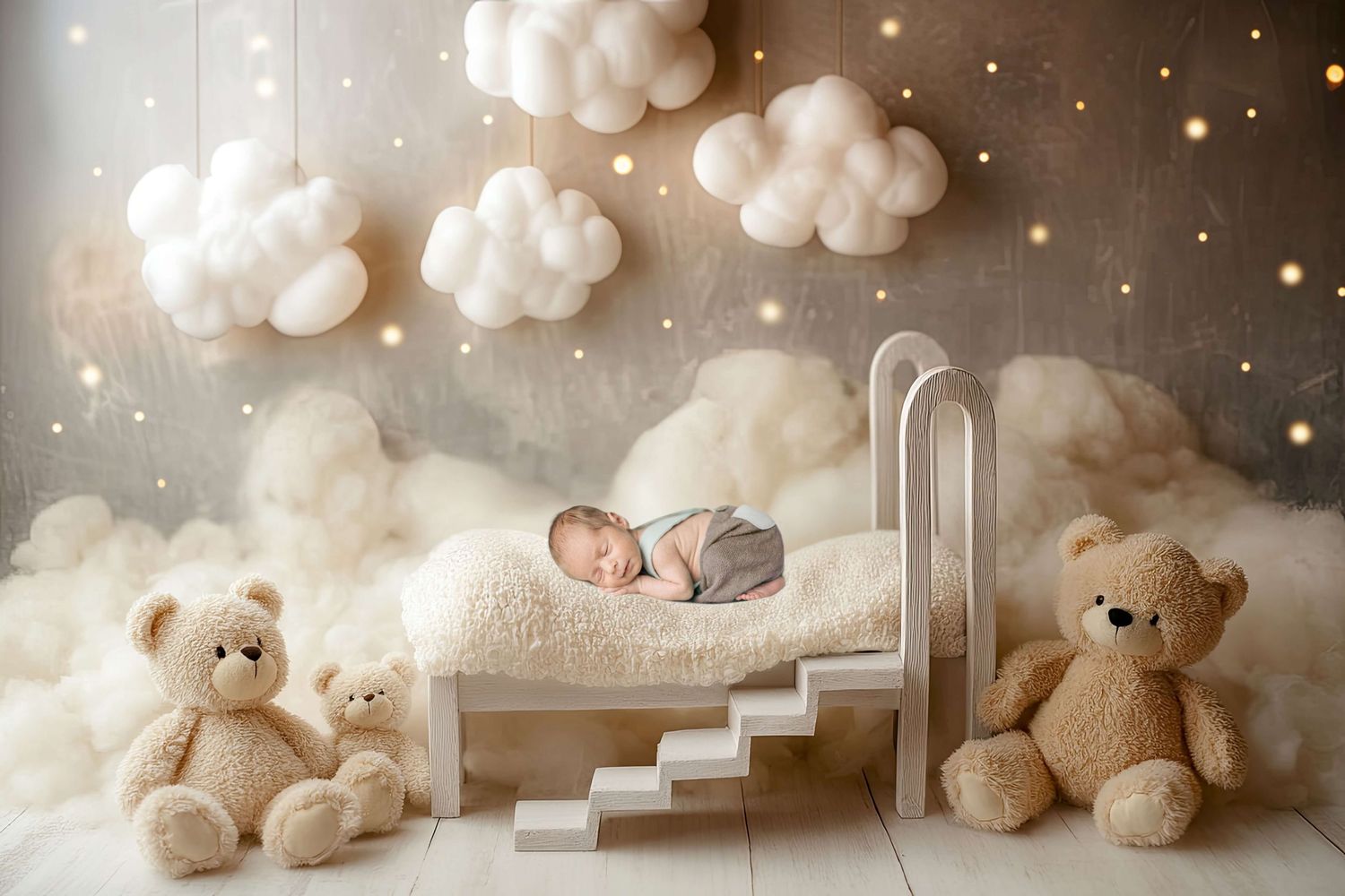 Newborn baby sleeping on white mini bed surrounded by teddy bears and fluffy clouds in dreamy nursery photo.