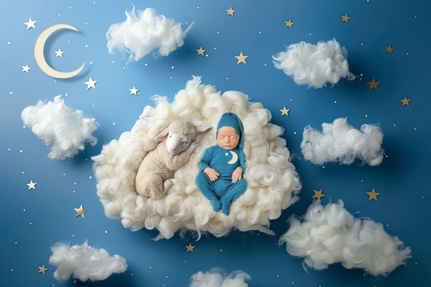 Newborn baby in blue outfit sleeping on fluffy cloud with toy lamb, surrounded by stars and moon on blue background.