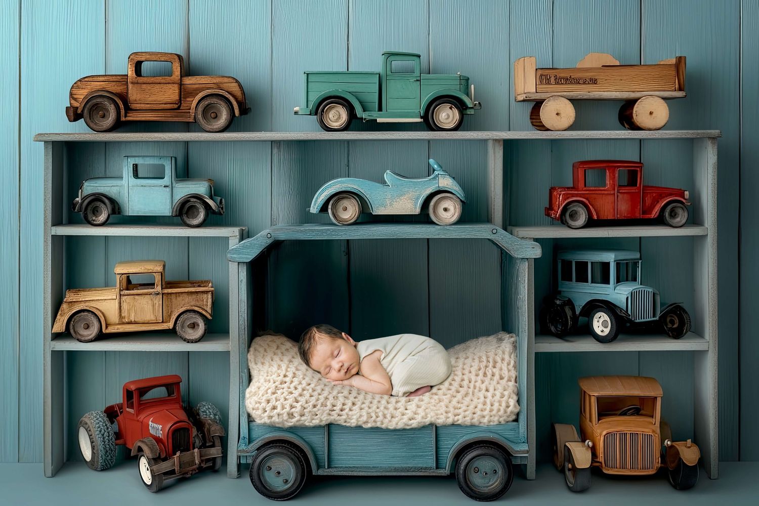 Newborn baby sleeping peacefully in a toy car bed surrounded by colorful wooden vintage toy trucks on blue shelves.