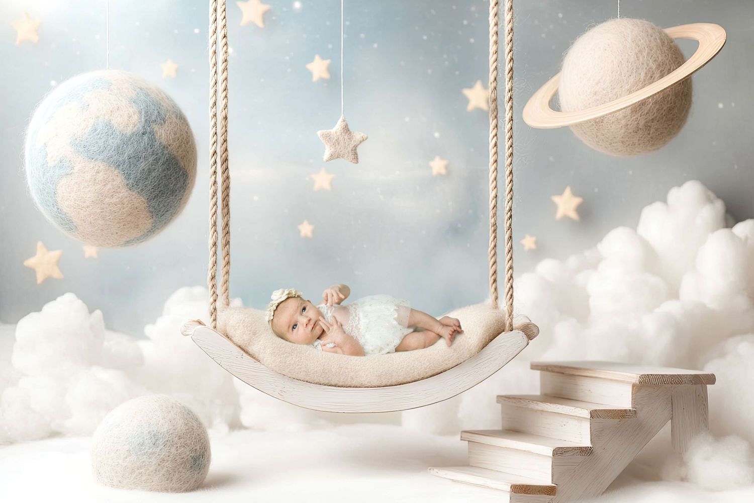 A sleeping newborn baby rests in a hanging hammock swing surrounded by planets, stars, and clouds in a dreamy nursery setting.