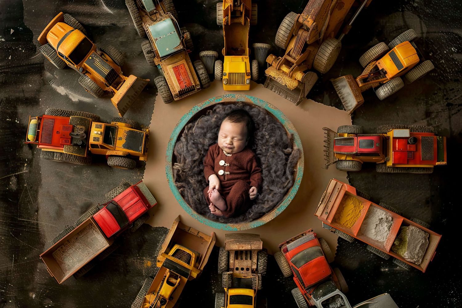 Newborn baby sleeping in a bowl surrounded by colorful toy construction trucks arranged in a circle for a creative photo.