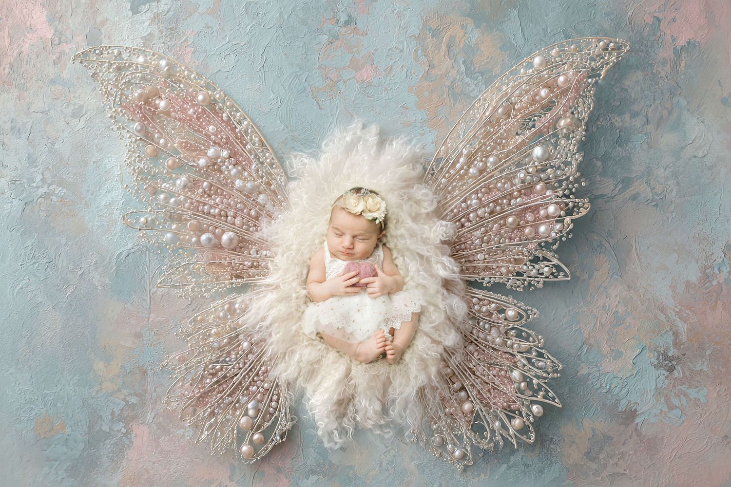 Newborn baby sleeping peacefully on fluffy white feathers with ornate fairy wings in a dreamy pink and blue setting.