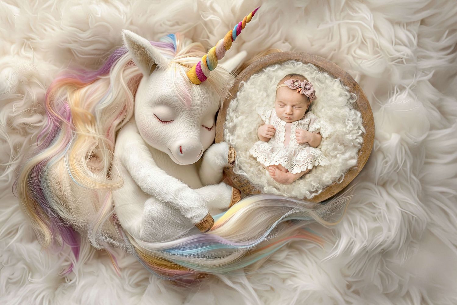 Newborn baby sleeping in wooden bowl beside white unicorn figurine with rainbow mane on fluffy white fur background.