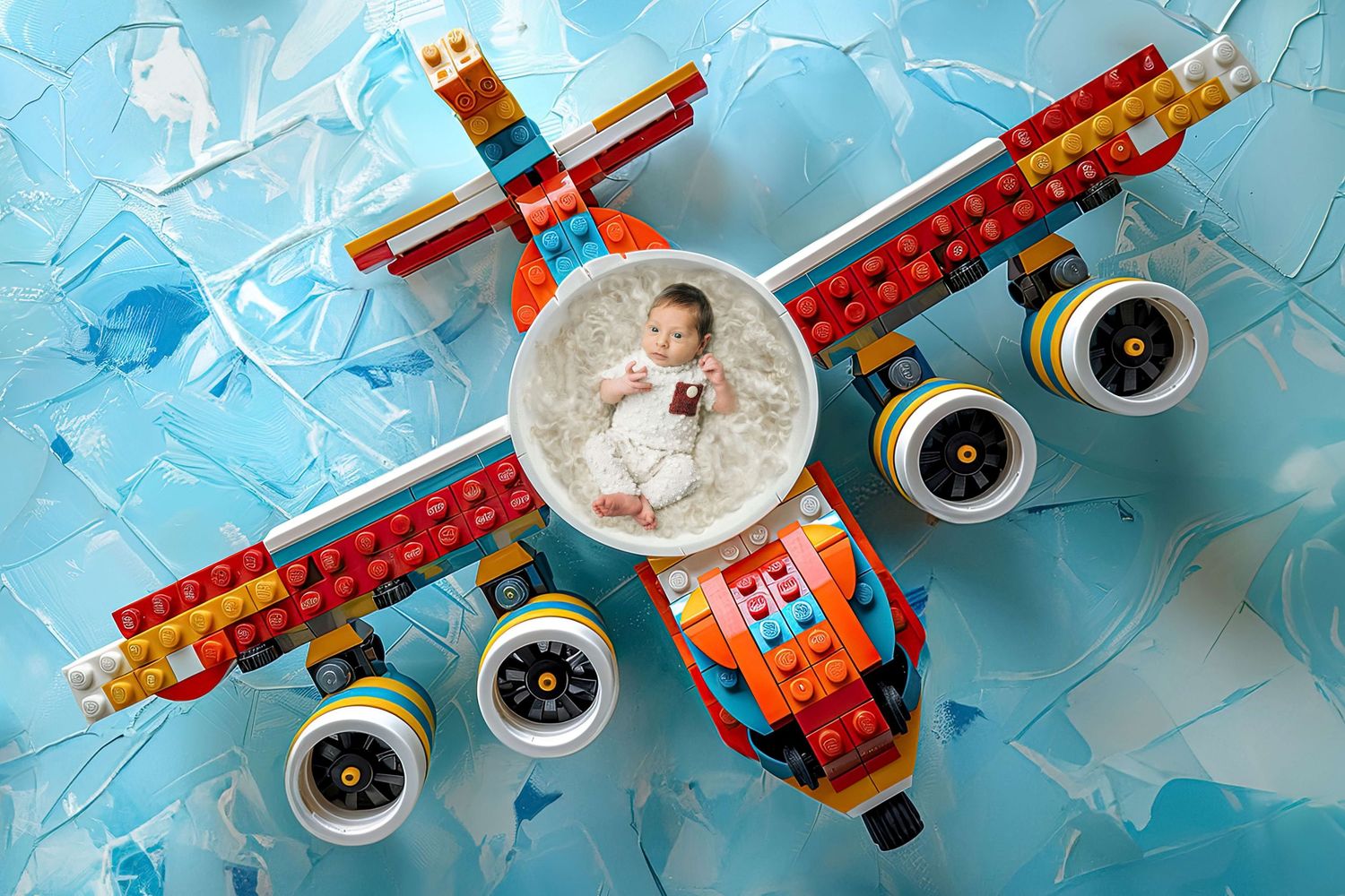 A baby rests in a circular frame at the center of a colorful LEGO airplane model on a blue background.