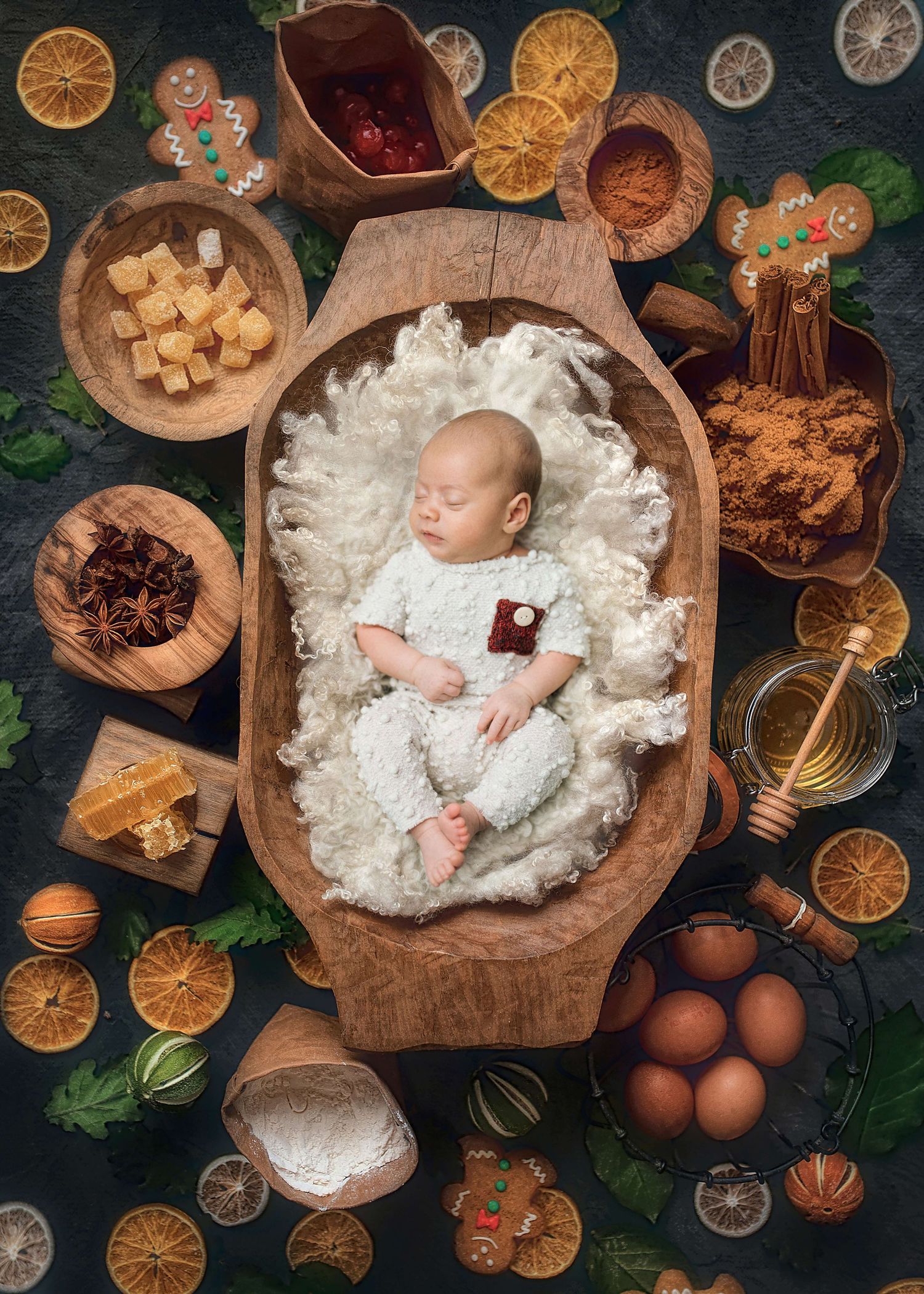 Sleeping newborn baby in wooden bowl surrounded by Christmas baking ingredients, spices, eggs, and gingerbread cookies.