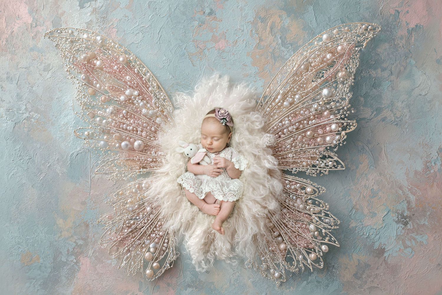 Newborn baby sleeping peacefully on fluffy white feathers surrounded by ornate butterfly wings with pearls and lace.