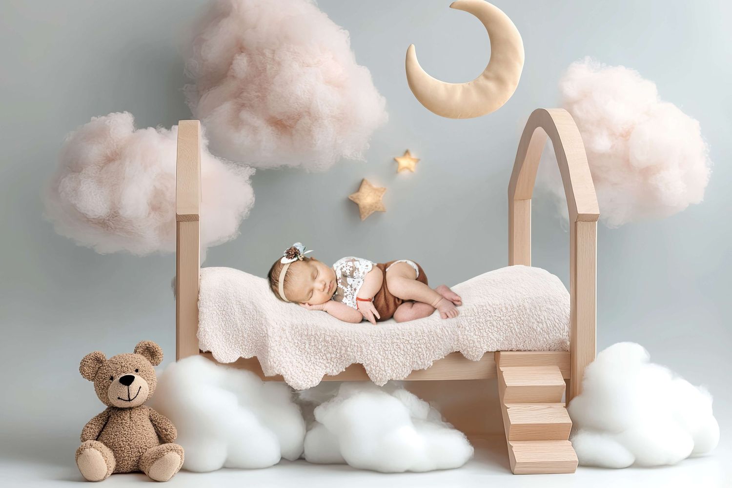 Newborn baby sleeping peacefully on a wooden bed with fluffy clouds, crescent moon, stars, and a teddy bear.