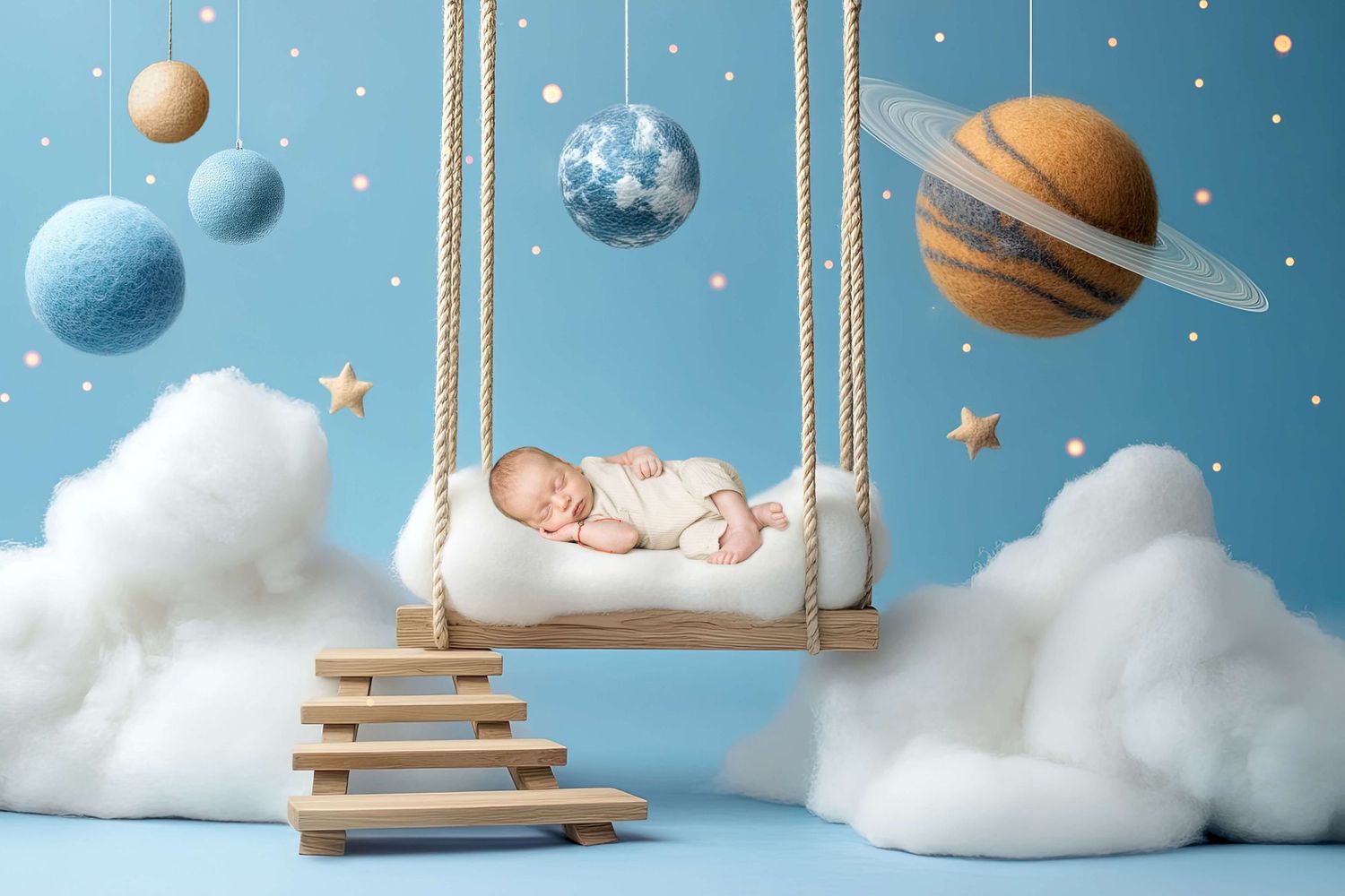 Newborn baby sleeping peacefully on a swing surrounded by clouds and hanging planet decorations on a blue background.