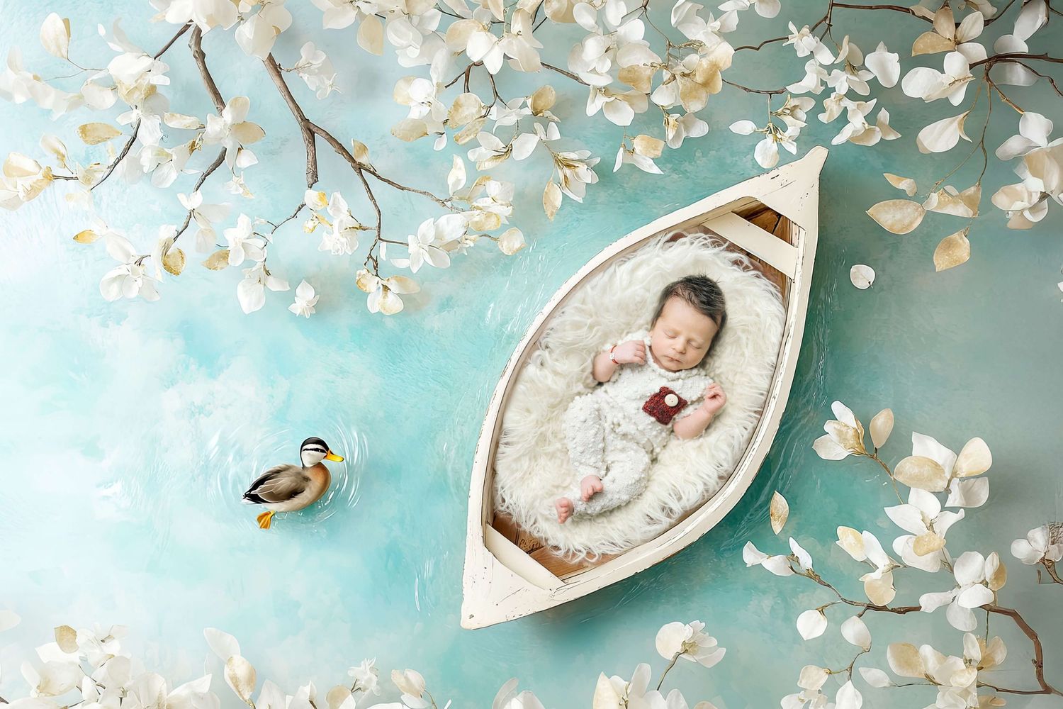 Newborn baby sleeping in a white wooden boat surrounded by white blossoms and a duck on a teal background.