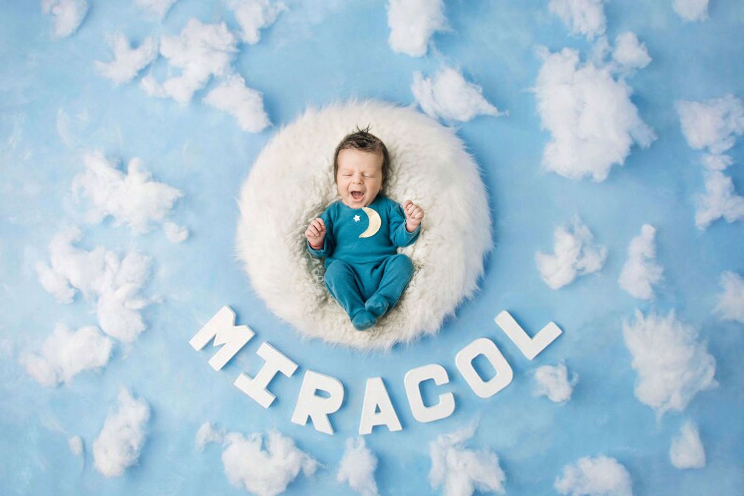 Newborn baby in teal outfit lying in fluffy white nest on blue background with MIRACOL letters and clouds.