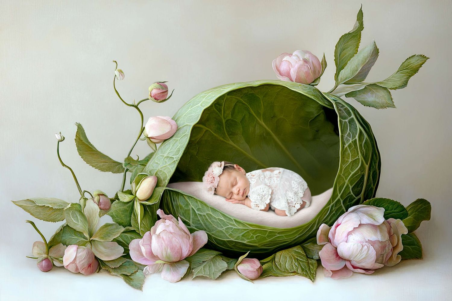 Newborn baby sleeping peacefully inside a green cabbage surrounded by pink peony flowers in a whimsical studio portrait.