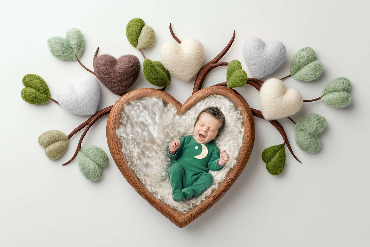 Newborn baby in green outfit lying in heart-shaped wooden bowl with felt hearts and leaves on white background.