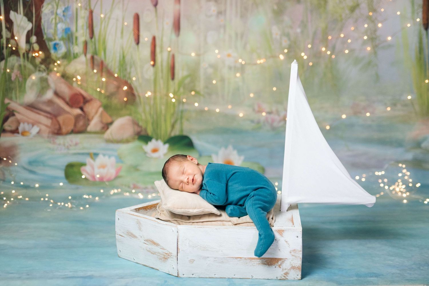 Newborn baby sleeping peacefully in a white toy sailboat with a whimsical garden backdrop and soft fairy lights.