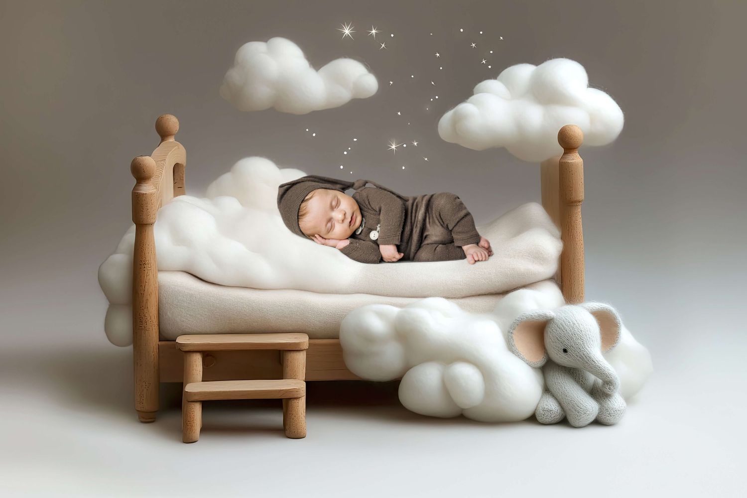 Newborn baby sleeping peacefully on a fluffy white cloud bed with toy elephant and wooden furniture.