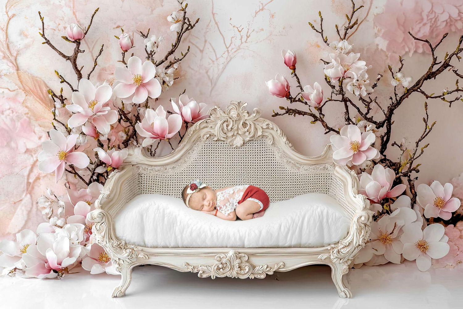 Newborn baby sleeping on ornate white vintage sofa surrounded by pink magnolia branches in elegant floral studio setting.