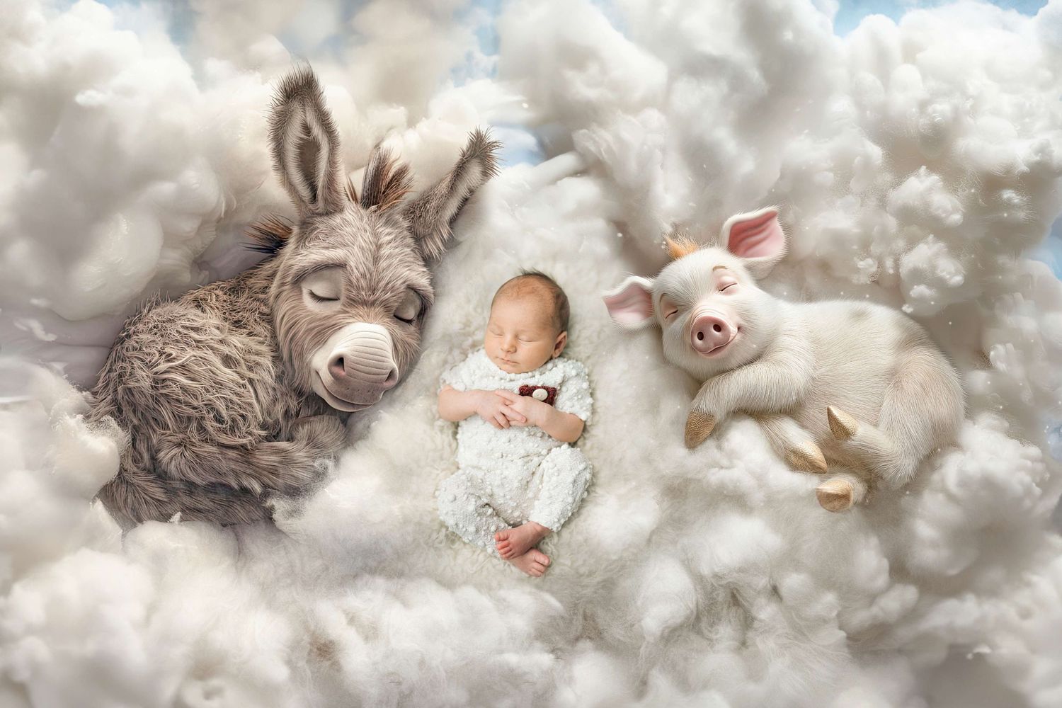 A sleeping newborn baby nestled between a fluffy donkey and pink pig on soft white clouds in a dreamy composite photo.