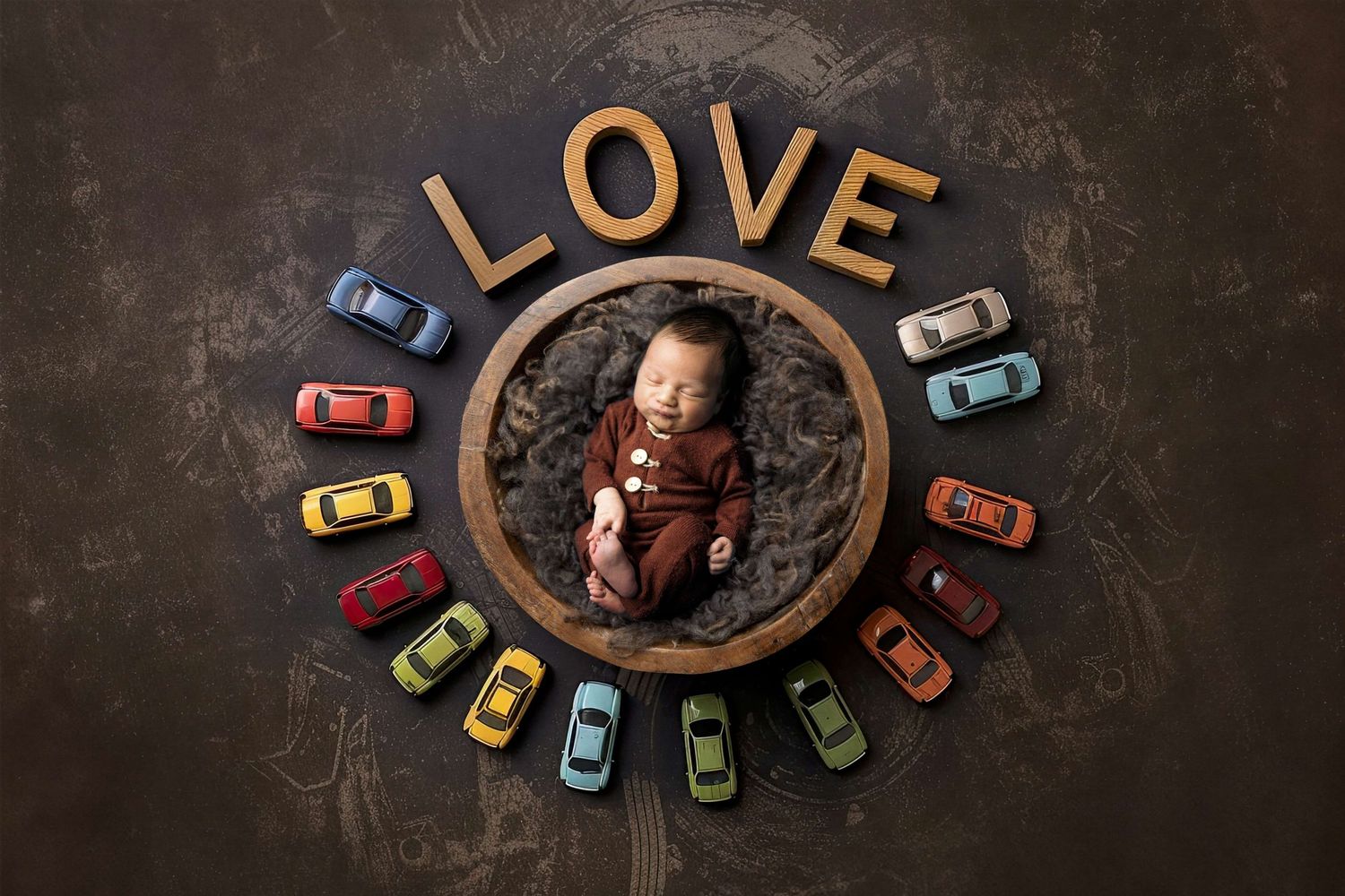 Newborn baby sleeping in wooden bowl surrounded by toy cars with LOVE letters above on dark background.