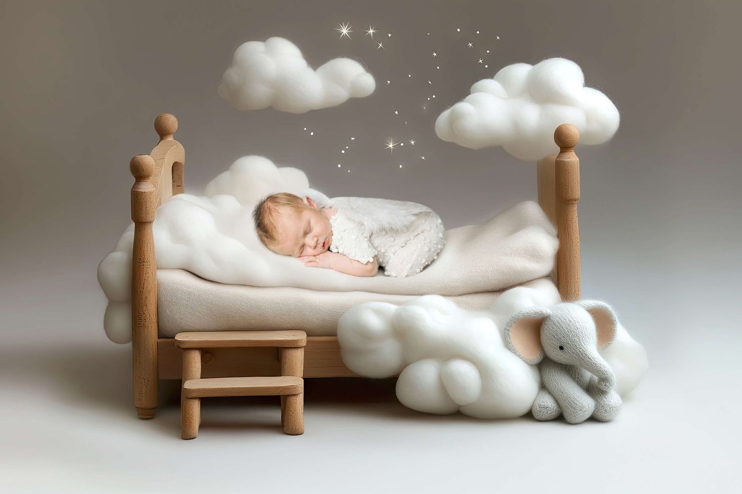 Newborn baby sleeping peacefully on a fluffy white bed with toy clouds and a stuffed elephant.
