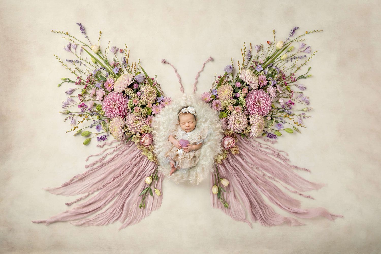 Newborn baby sleeping in floral butterfly wings arrangement with pink fabric and colorful flowers on vintage background.