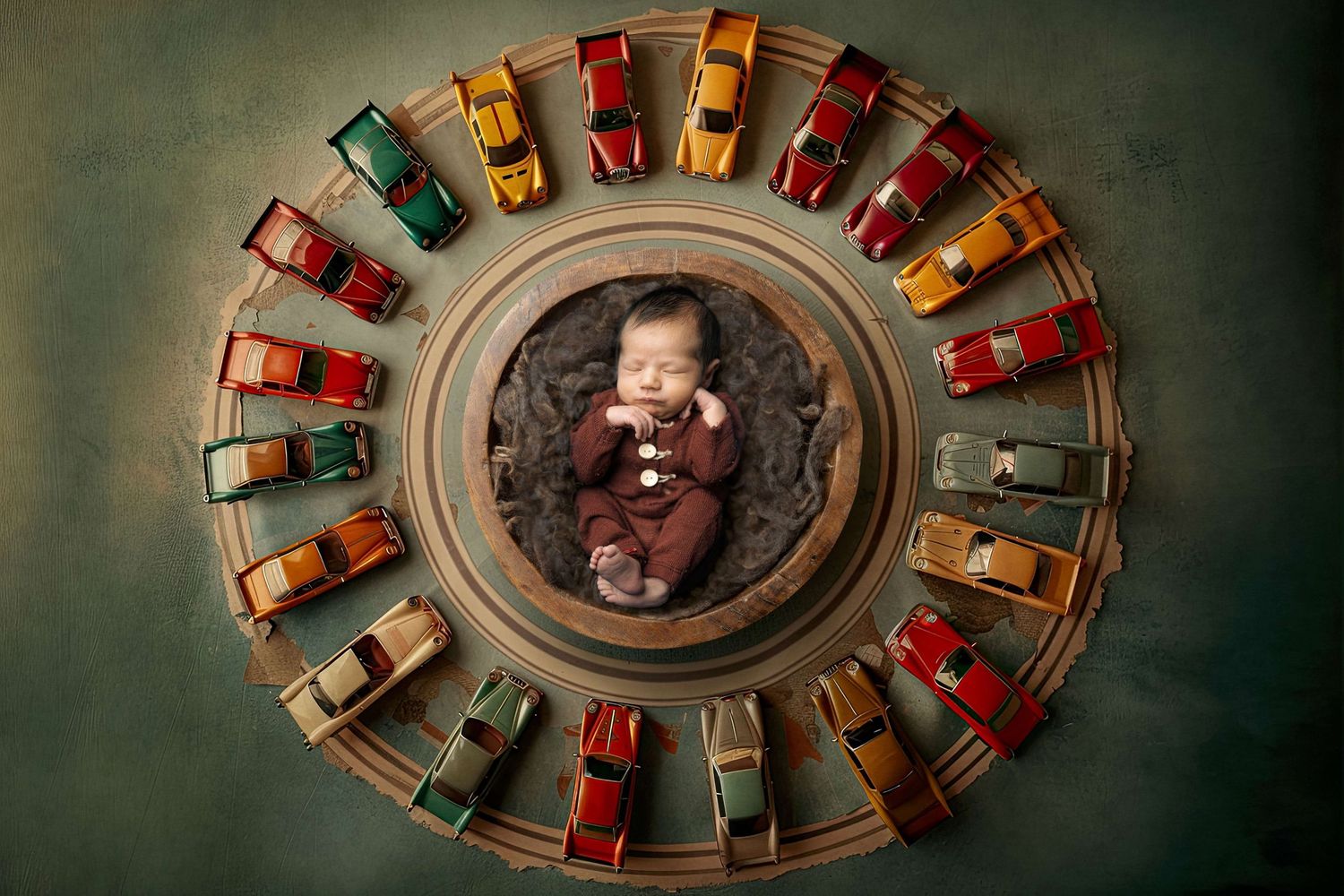 Newborn baby in brown outfit sleeping in a circular arrangement of colorful vintage toy cars on green background.
