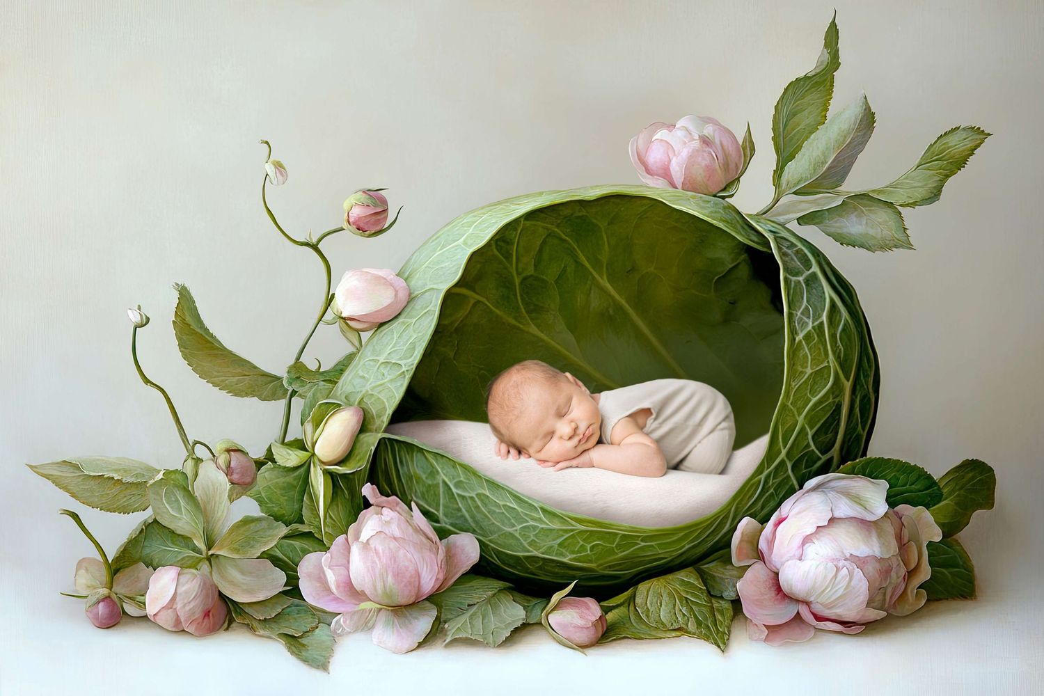 Newborn baby sleeping peacefully inside a green cabbage surrounded by pink peonies and leaves.