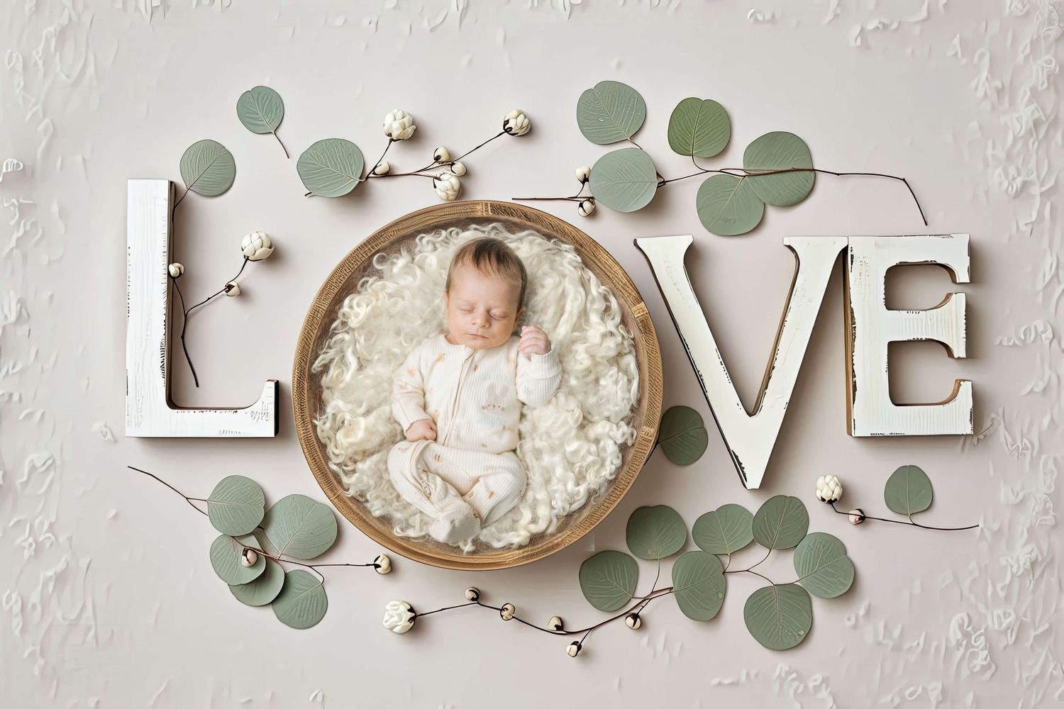 Newborn baby sleeping in wooden bowl surrounded by LOVE letters, eucalyptus, and cotton stems on white background.