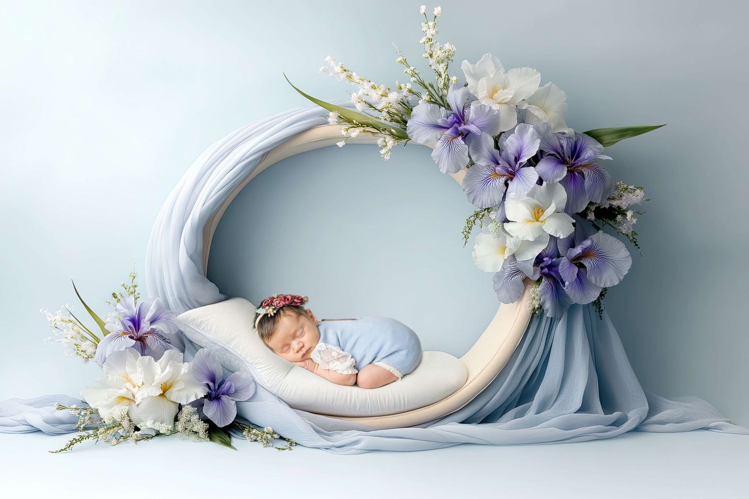 Newborn baby sleeping peacefully in a floral arch with purple and white flowers on a soft blue background.