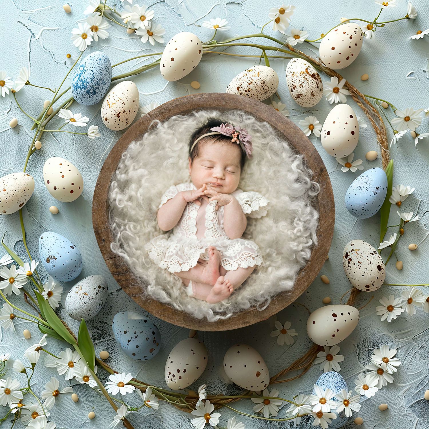 Newborn baby sleeping in wooden bowl surrounded by Easter eggs and white daisies on a soft blue background.