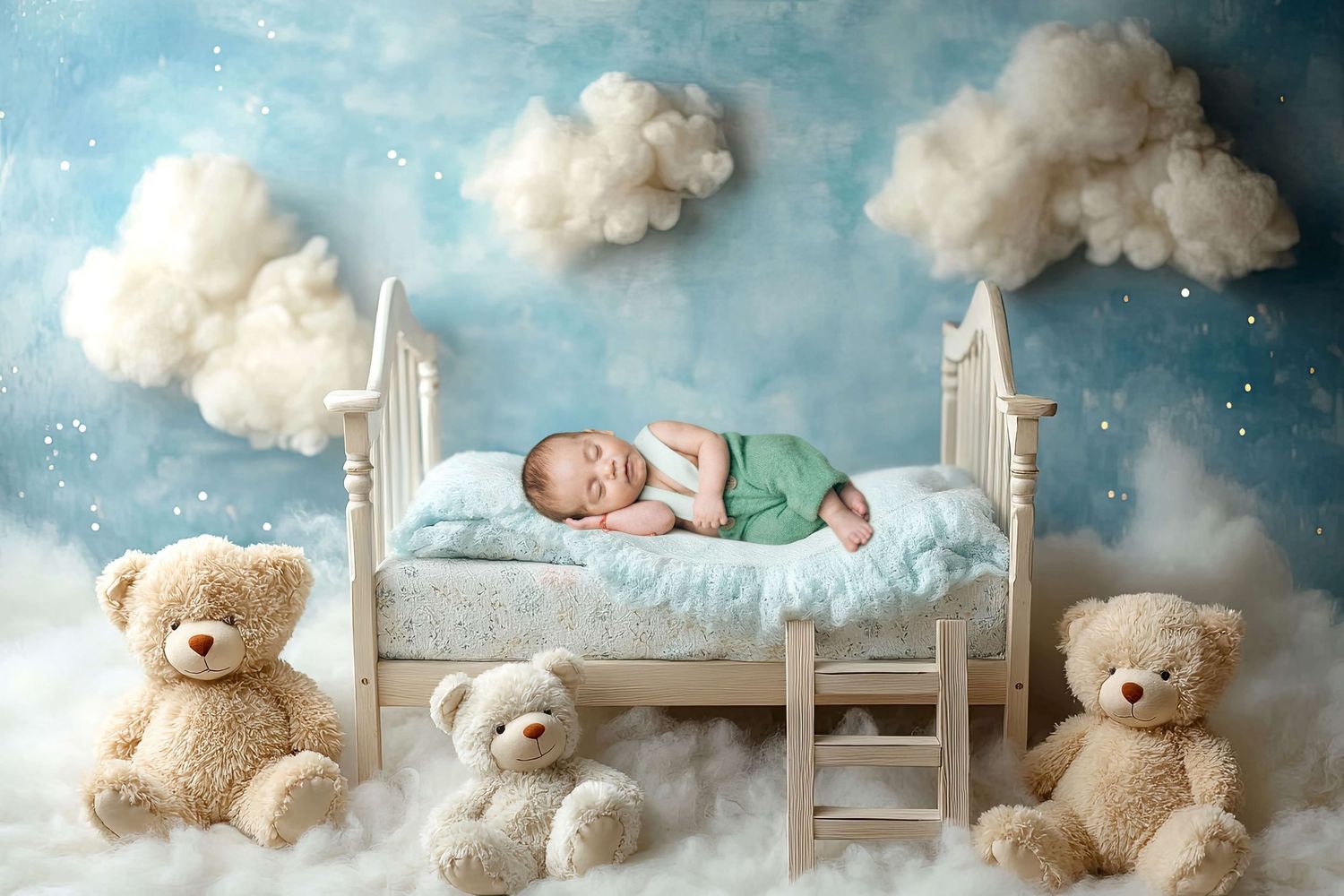 Newborn baby sleeping peacefully in a white bed surrounded by teddy bears and fluffy clouds on a dreamy blue backdrop.
