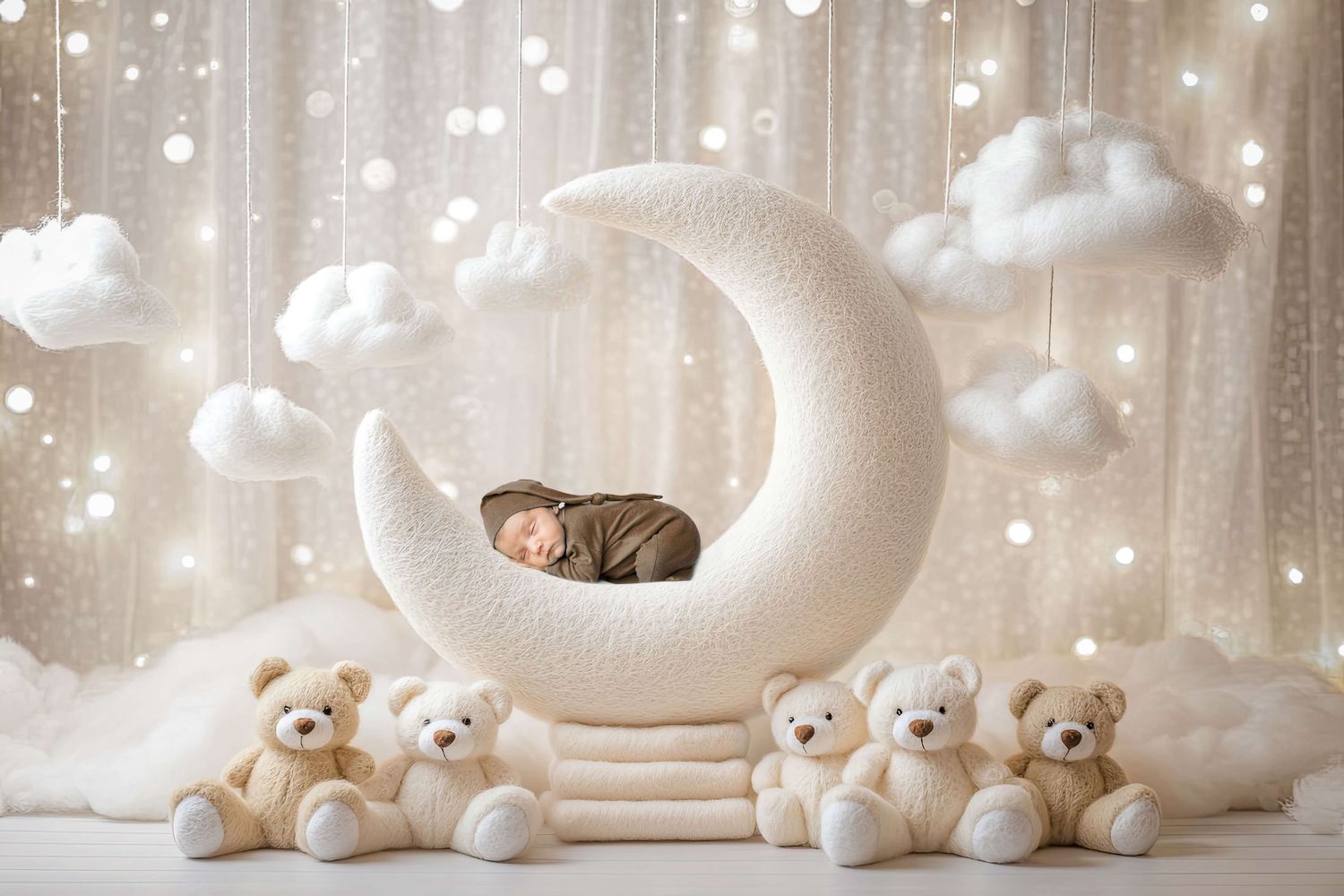 Newborn baby sleeping on a white crescent moon prop surrounded by teddy bears and fluffy clouds in a dreamy nursery setting.