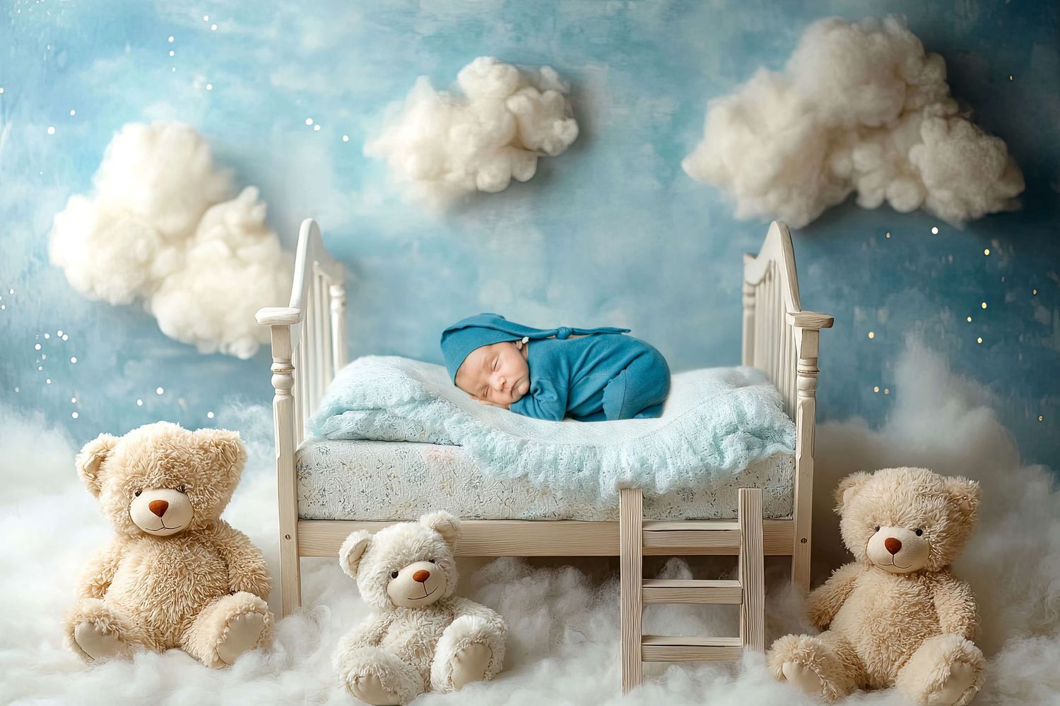Newborn baby sleeping in a white crib surrounded by teddy bears and fluffy clouds on a blue backdrop.