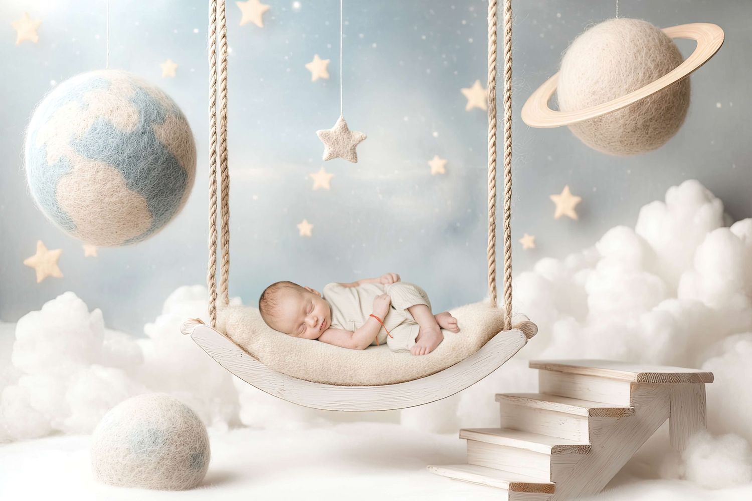 Newborn baby sleeping peacefully on a swing surrounded by planets, stars, and clouds in a dreamy space-themed photo.