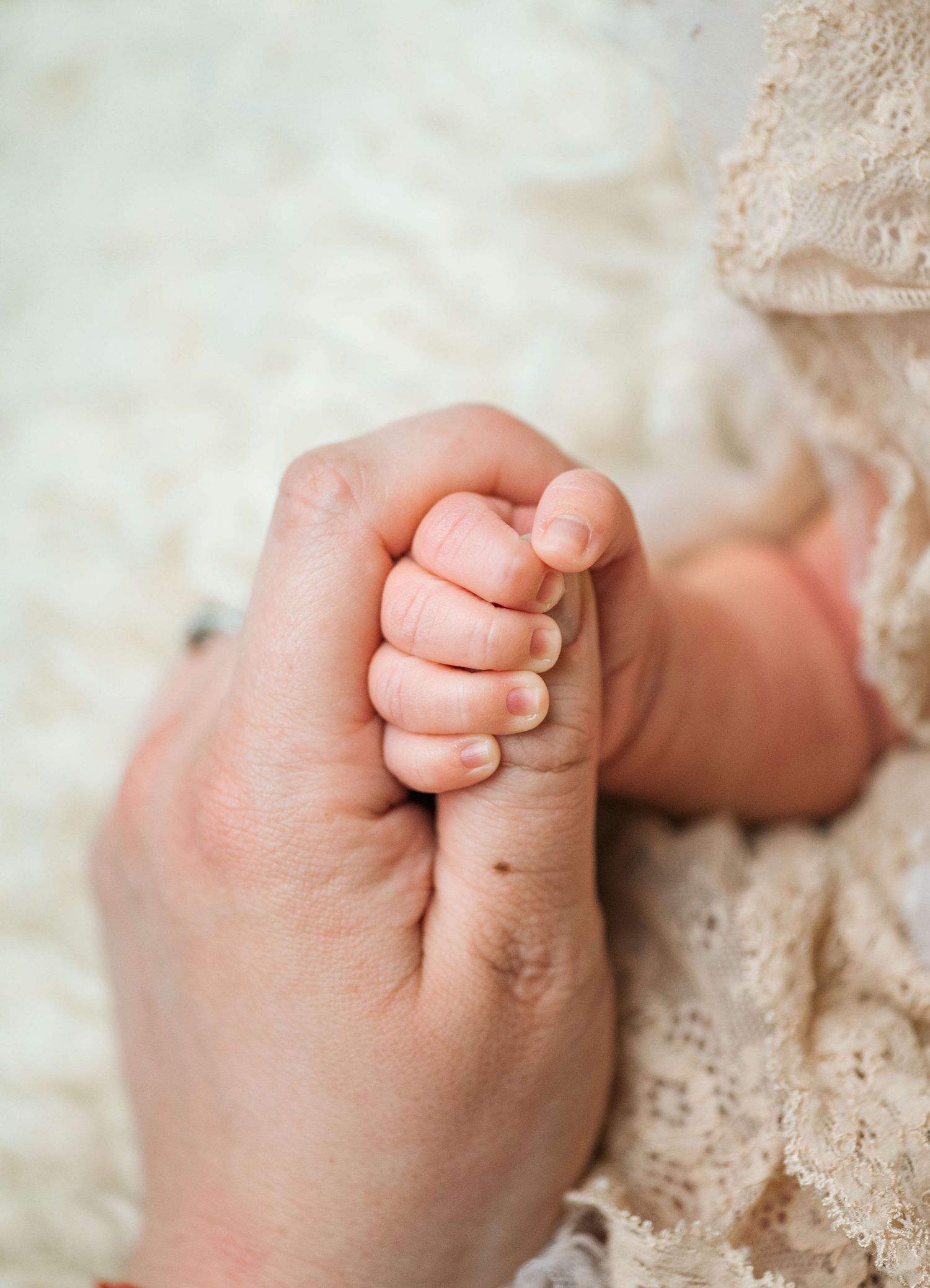 A newborn baby's tiny hand grasping an adult's finger, symbolizing new life, parental love, and family bond.