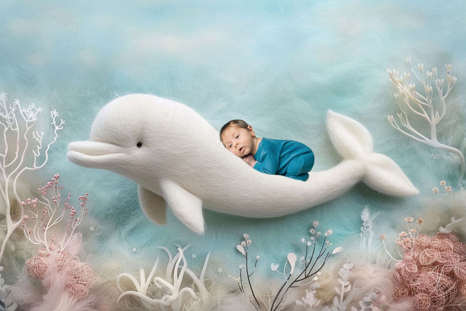 Newborn baby sleeping peacefully on a white beluga whale in a dreamy underwater fantasy scene with coral.