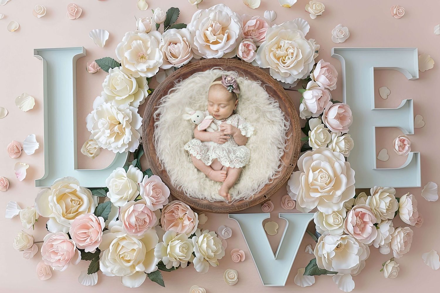 Newborn baby sleeping in a wooden bowl surrounded by pink and white roses, framed by large LOVE letters on a pink background.