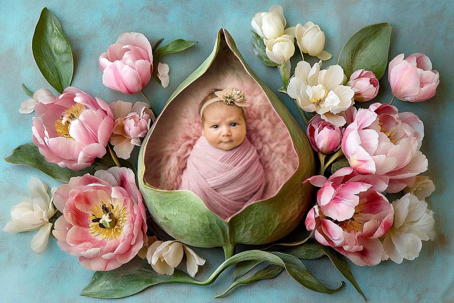 Newborn baby wrapped in pink swaddle nestled in floral leaf bowl surrounded by pink and white tulips on blue background.