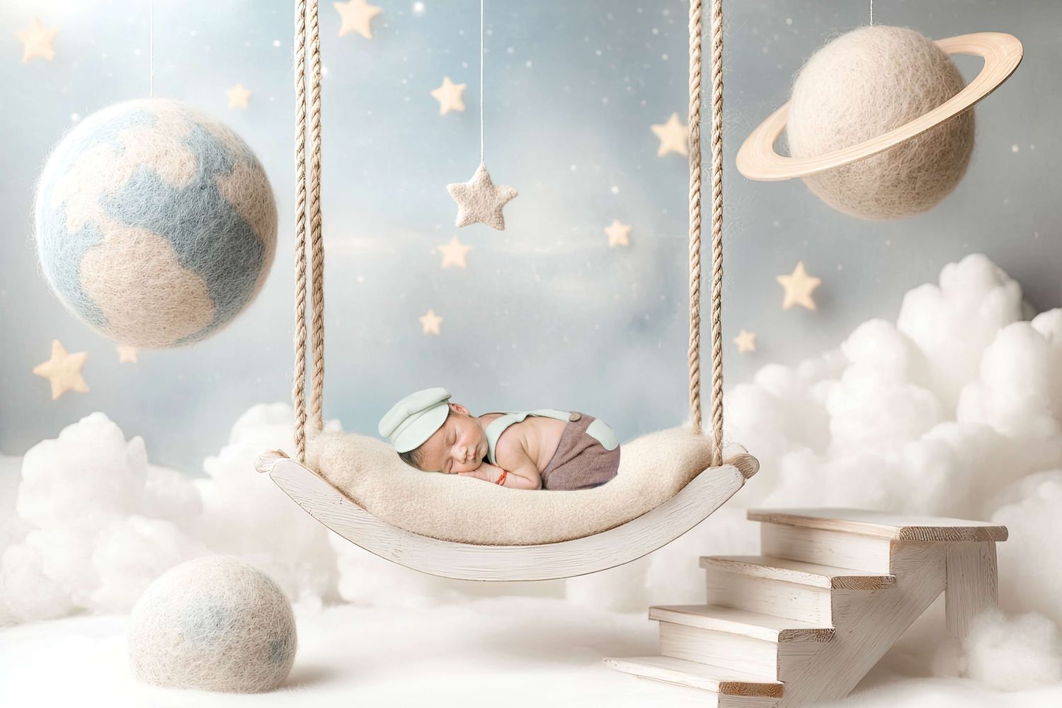 Newborn baby sleeping peacefully in a hammock swing surrounded by pastel planets, stars, and fluffy clouds.