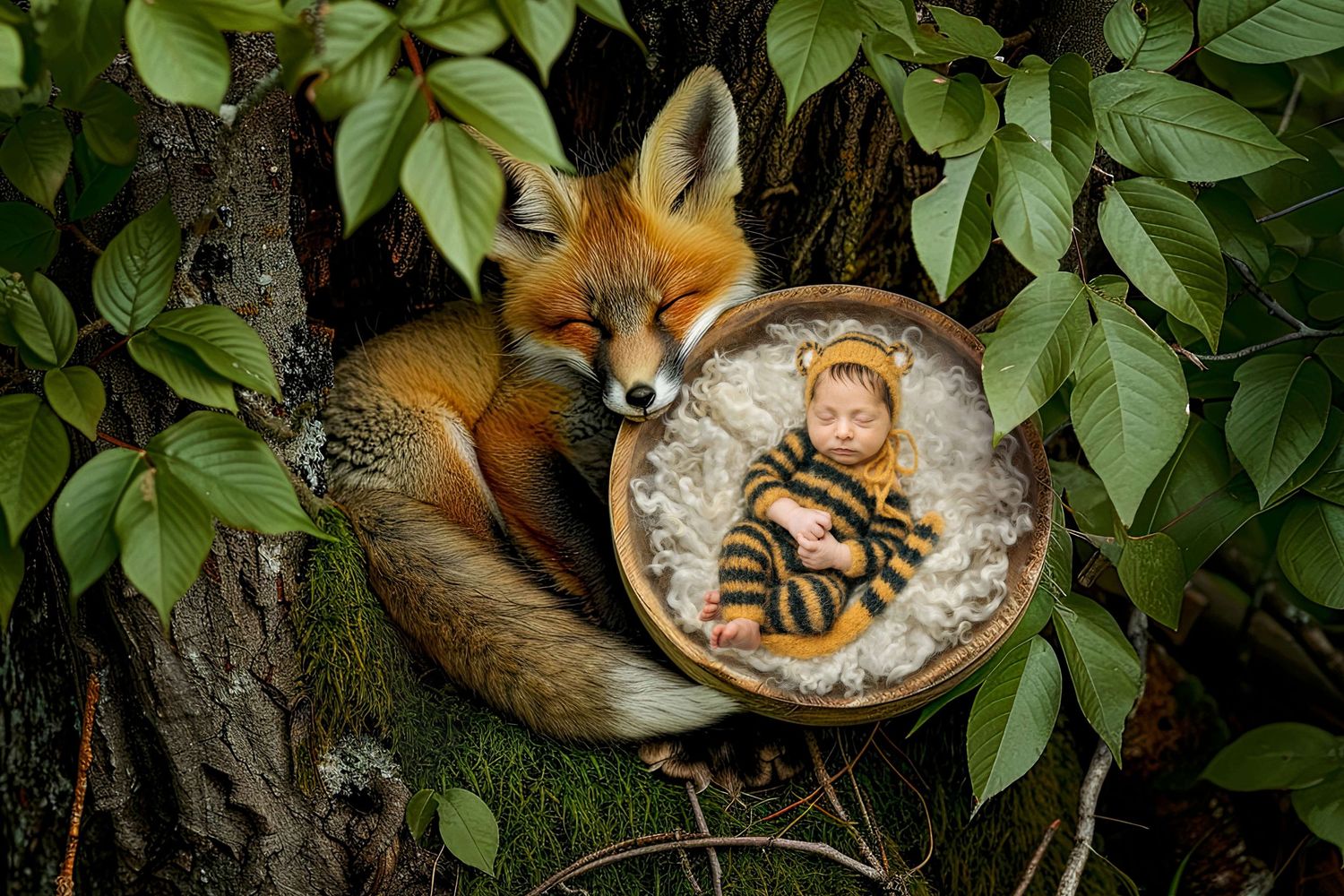 A red fox curls protectively around a sleeping newborn baby dressed in a bee costume nestled in a wooden bowl outdoors.