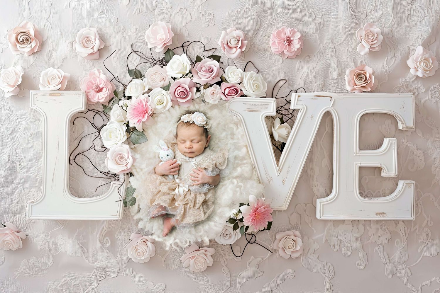 Newborn baby sleeping in giant LOVE letters surrounded by pink and white roses in a soft floral photography setup.