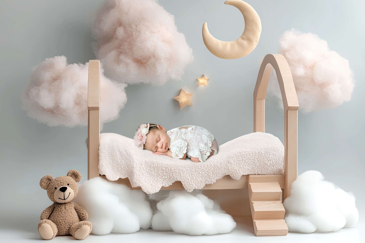 Newborn baby sleeping peacefully on a decorative wooden bed with clouds, moon, stars, and a teddy bear.