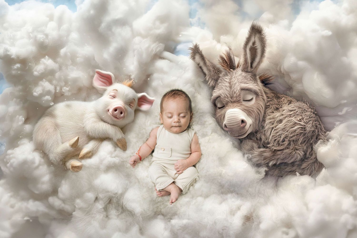 A sleeping newborn baby rests peacefully on fluffy clouds beside a piglet and a donkey in a dreamy fantasy scene.