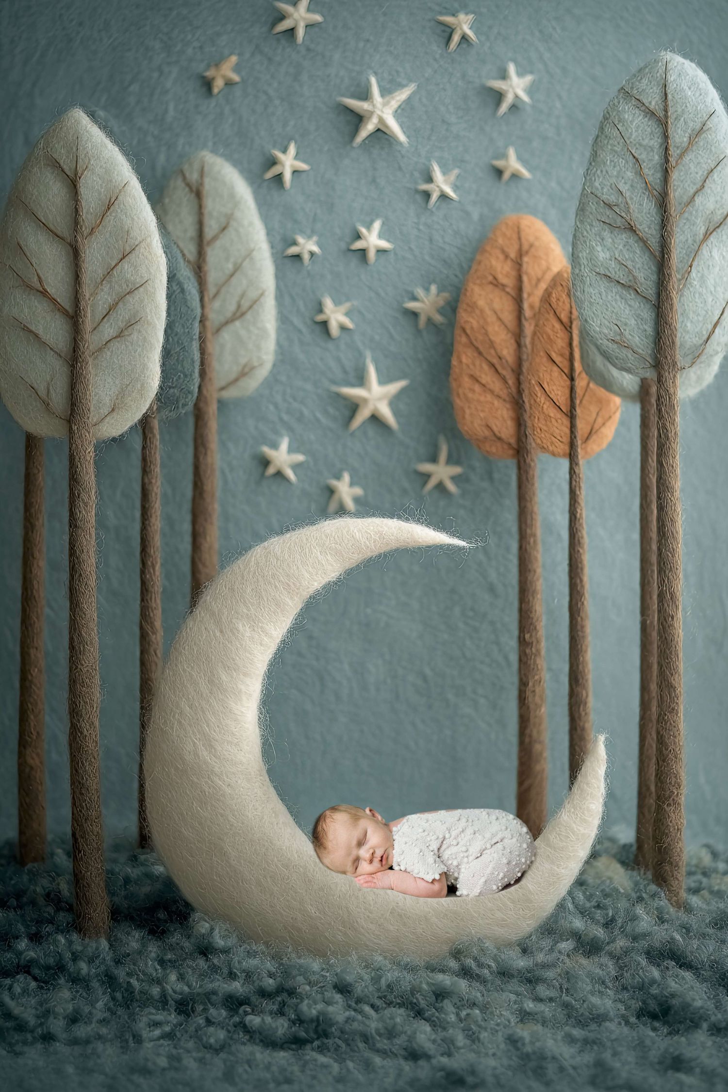 Newborn baby sleeping peacefully on a crescent moon prop surrounded by felt trees and stars in a dreamy nursery setting.