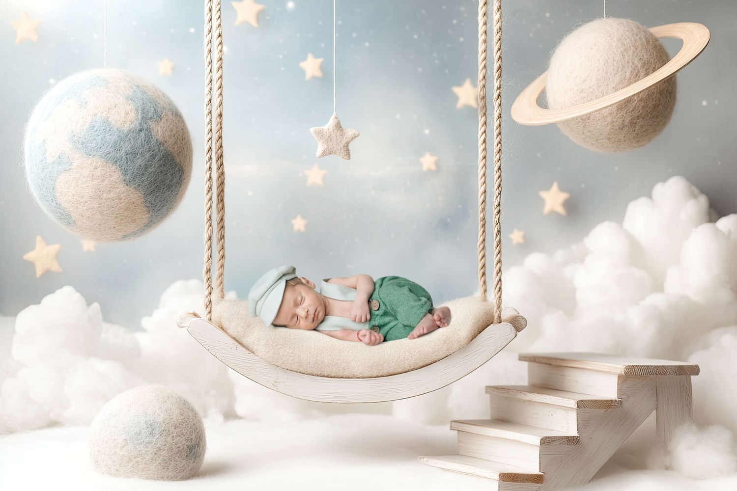 Newborn baby sleeping in a hammock swing surrounded by planets, stars, and clouds in a dreamy space scene.
