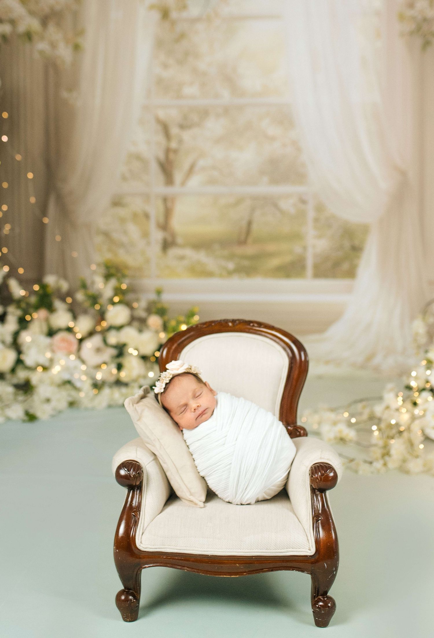Newborn baby swaddled in white, sleeping peacefully on a tiny cream armchair with floral backdrop.