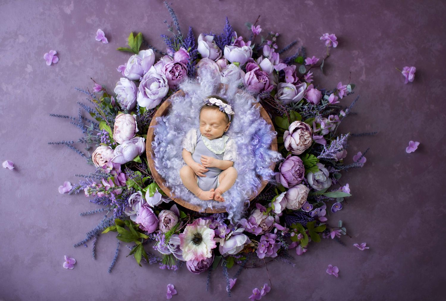 Peaceful newborn baby sleeping in wooden bowl surrounded by purple and pink flowers on violet background.