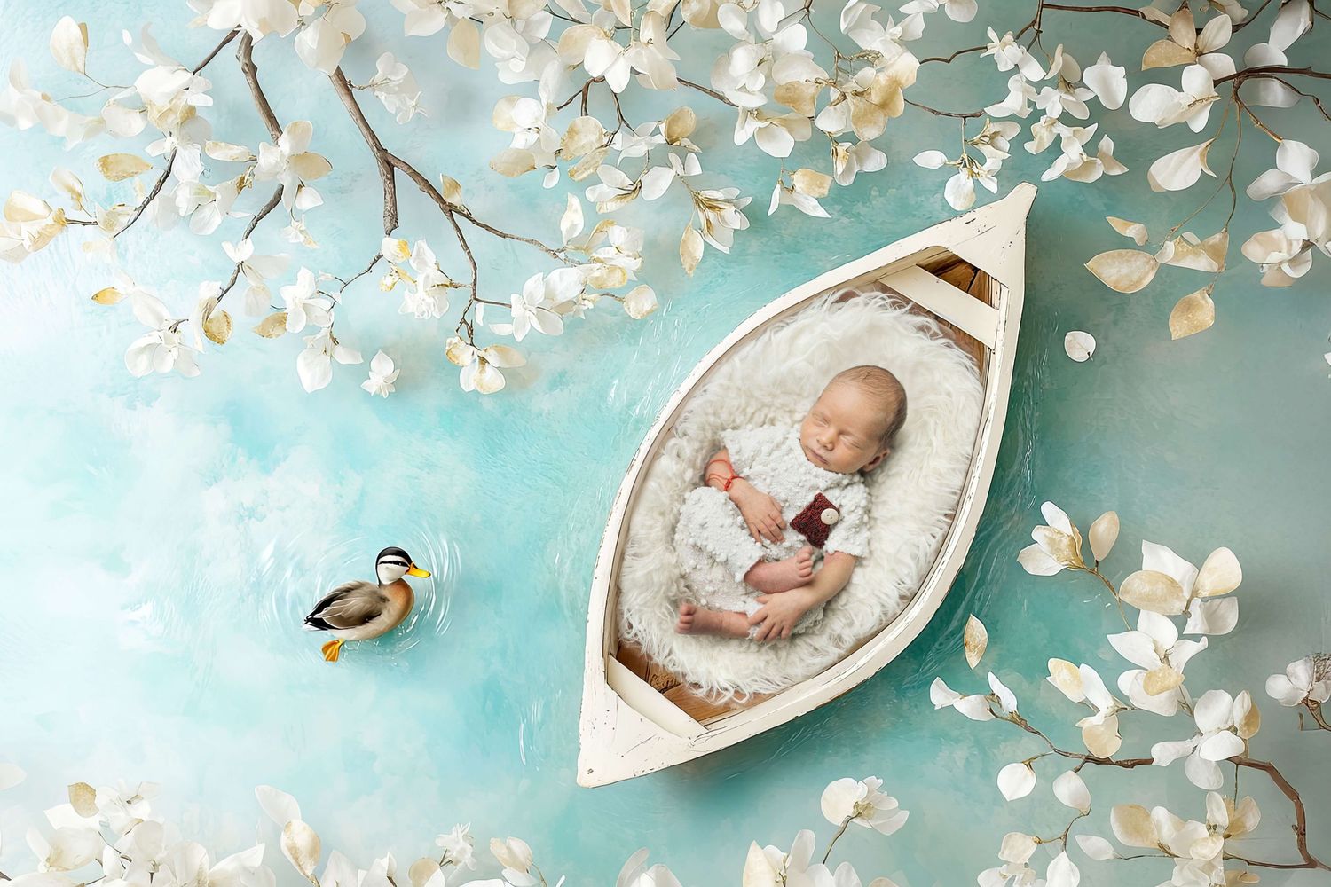Newborn baby sleeping in white boat prop surrounded by white flowers and a duck on teal background.