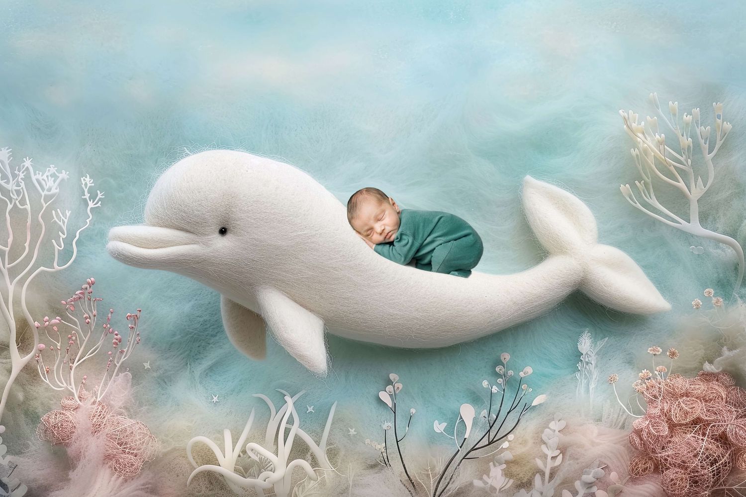 A newborn baby sleeps peacefully on a white beluga whale surrounded by soft coral in a dreamy underwater scene.