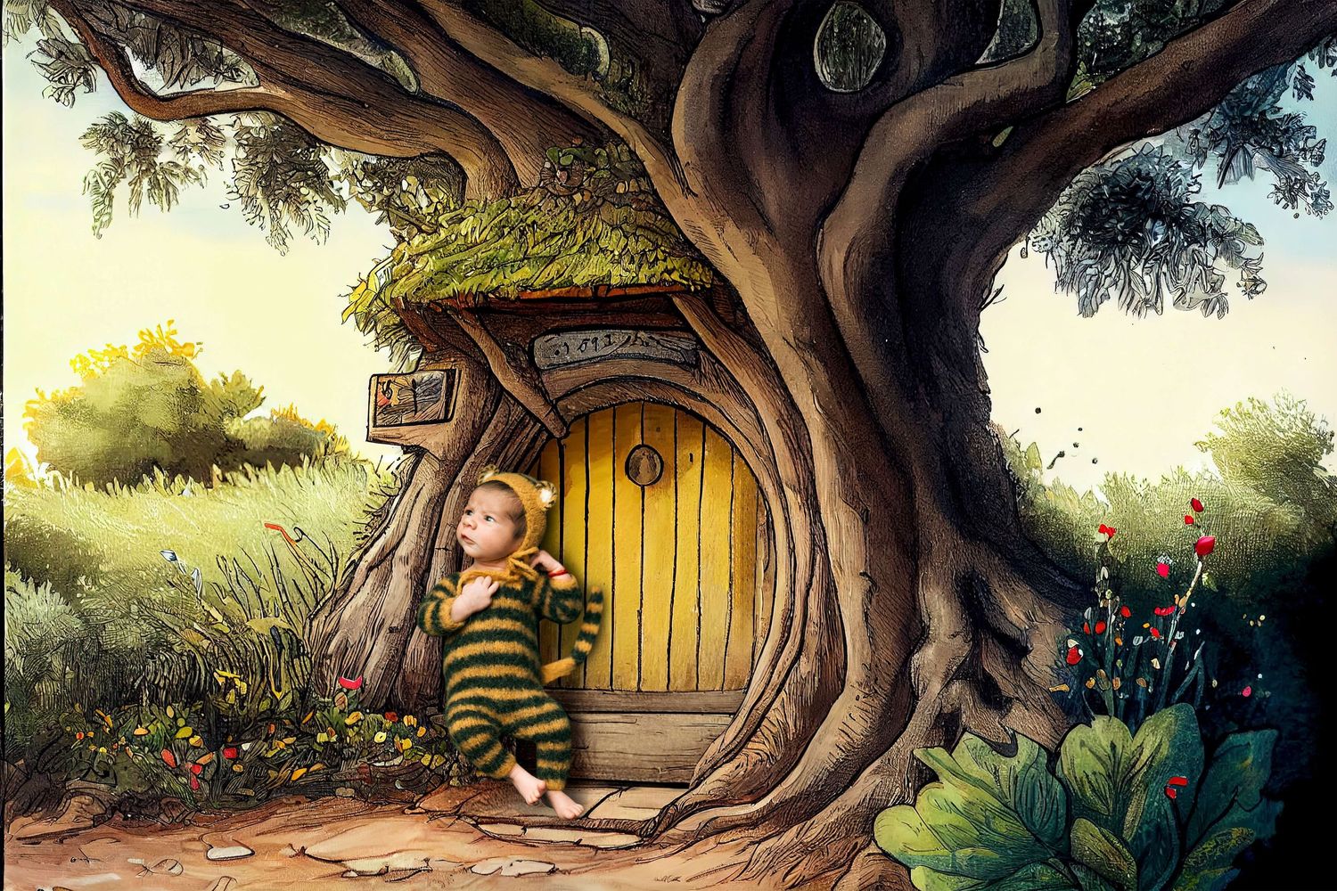 A child in a bee costume sits by a whimsical tree house with a yellow door surrounded by lush greenery.